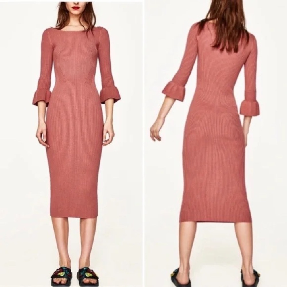 Zara Ribbed Body Con Sweater 3/4 Sleeve Dress with Bell Sleeves - Dusty Pink
